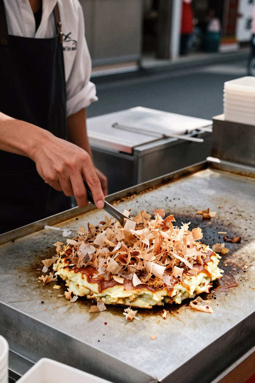 Midday Okonomiyaki Street Food Scene in Fukuoka Japan with Bonito Flakes in in Fukuoka, Japan