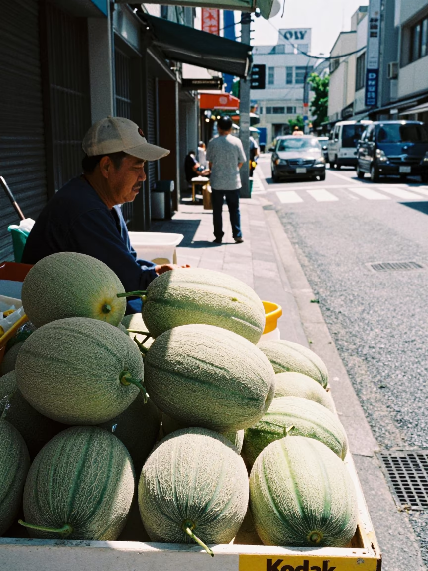 Midday Osaka Japan Street Scene with Melons and Urban Life in in Osaka, Japan