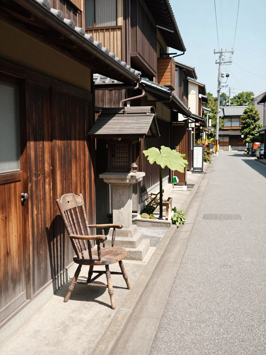 Midday Osaka Japan Street Scene with Spindle Chair and Leaf Shadows in in Osaka, Japan