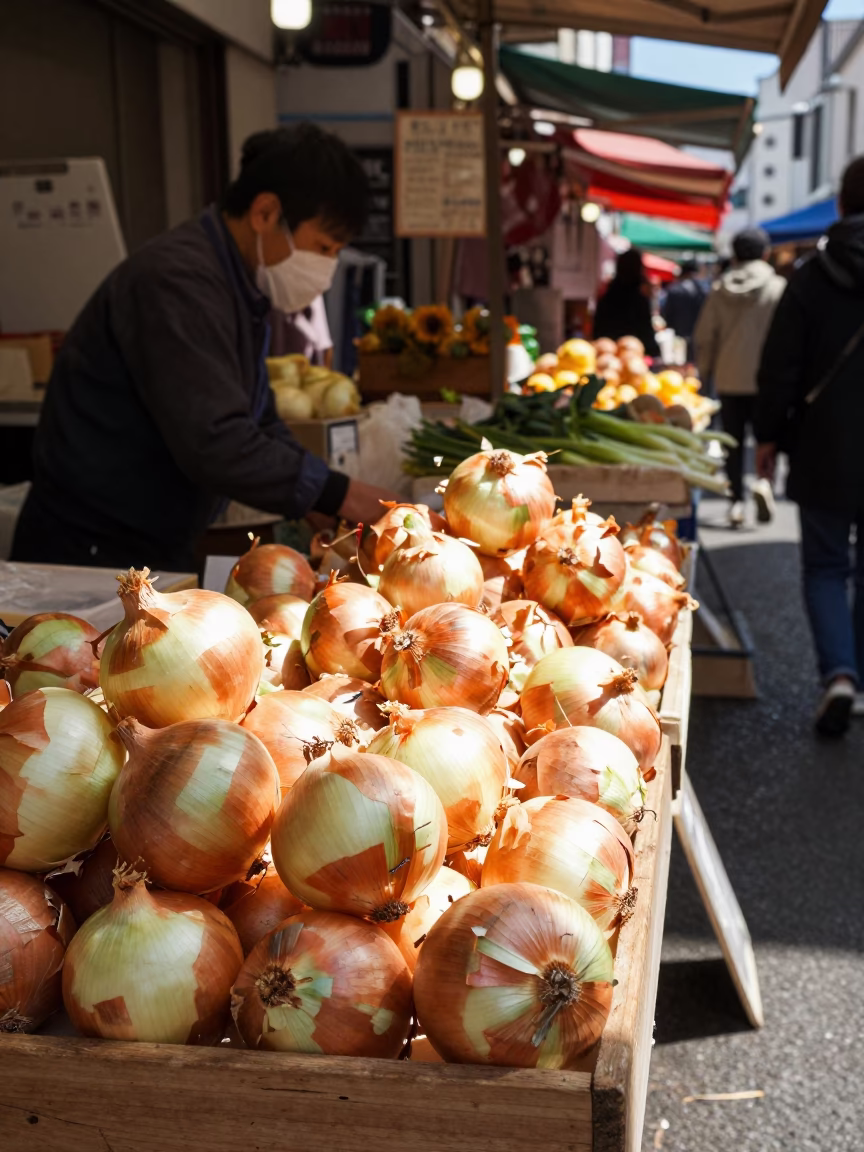 Midday Osaka Japan Street Scene with Sunlight and Onions at Local Market Stall in in Osaka, Japan