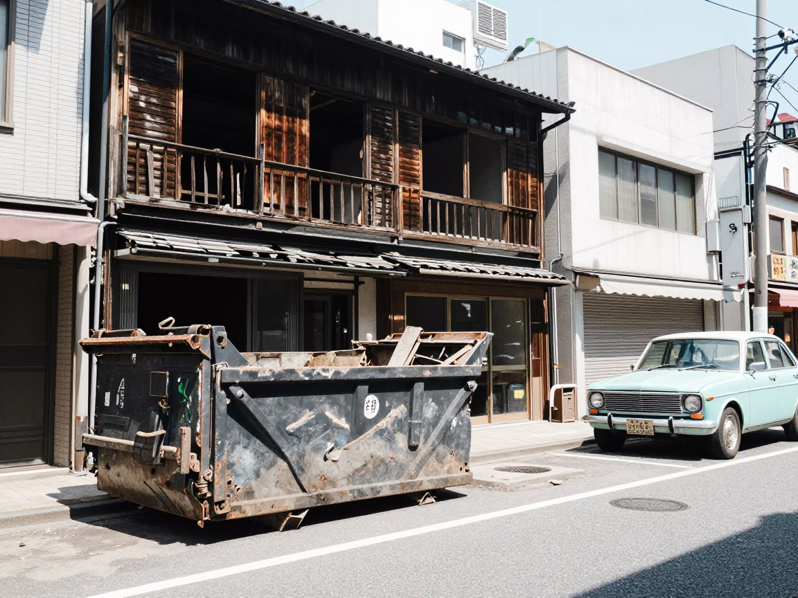 Midday Osaka Street Scene with Demolition Dumpster and Vintage 1950s Atmosphere in in Osaka, Japan