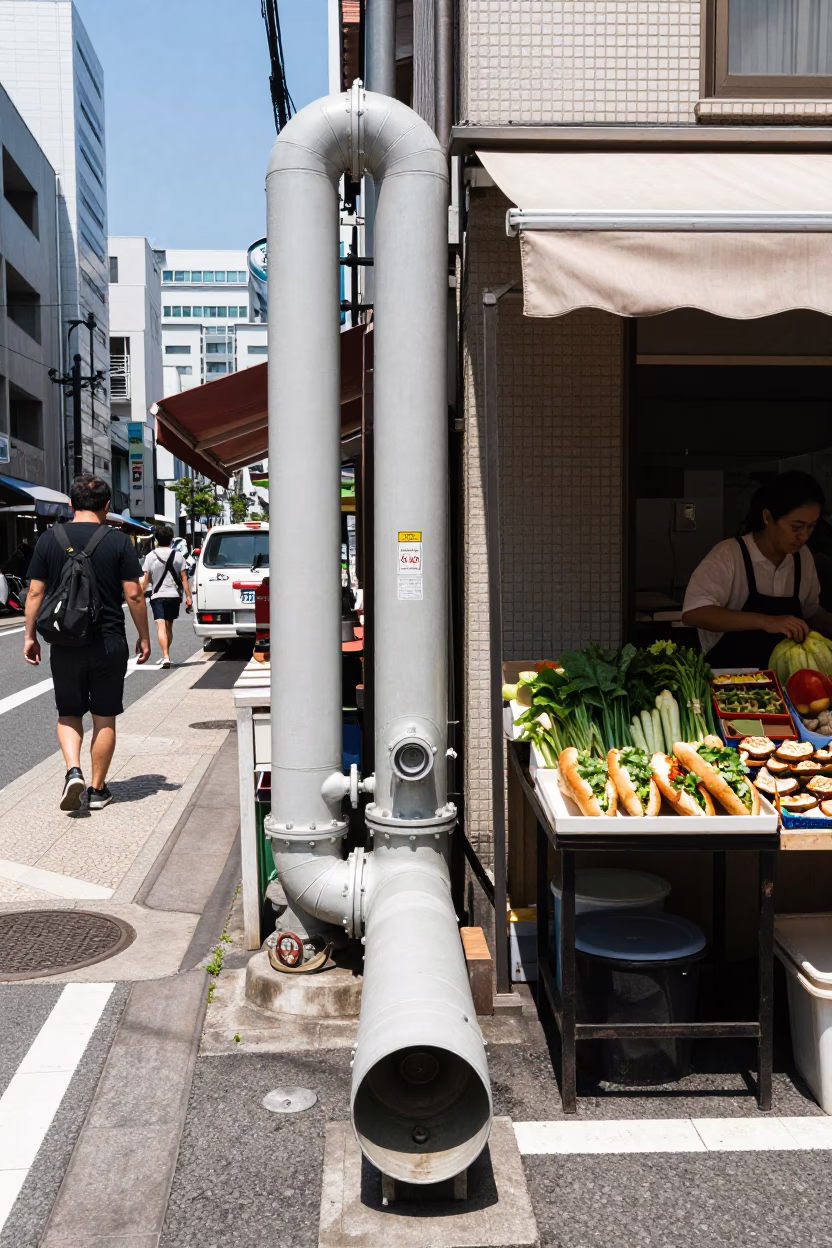 Midday Osaka Street Scene with District Heating Pipes and Lively Market Activity in in Osaka, Japan