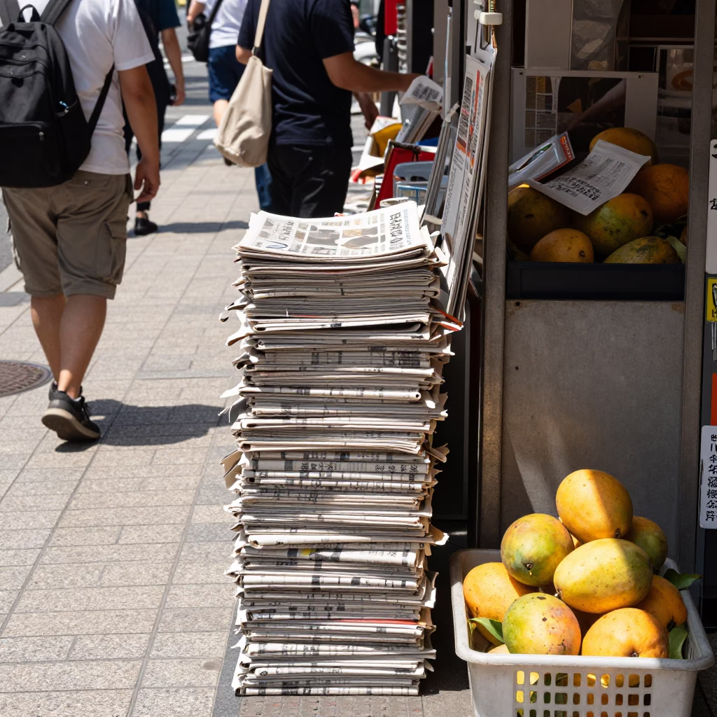 Midday Osaka Street Scene with Newspaper Stack and Mangoes in in Osaka, Japan