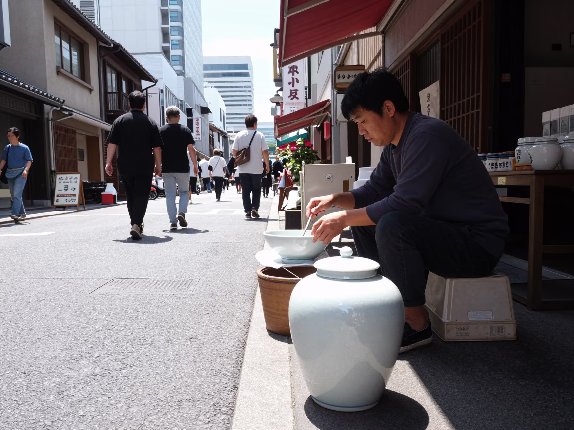 Midday Osaka Street Scene with Porcelain Jar and Mixing Jug in in Osaka, Japan