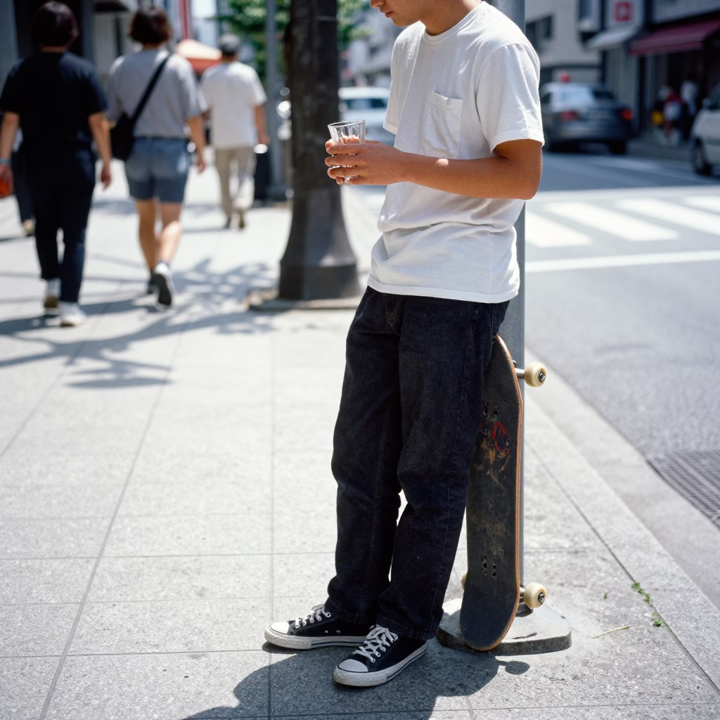 Midday Osaka Street Scene with Skateboard and Glass Tumbler on Concrete Sidewalk in in Osaka, Japan