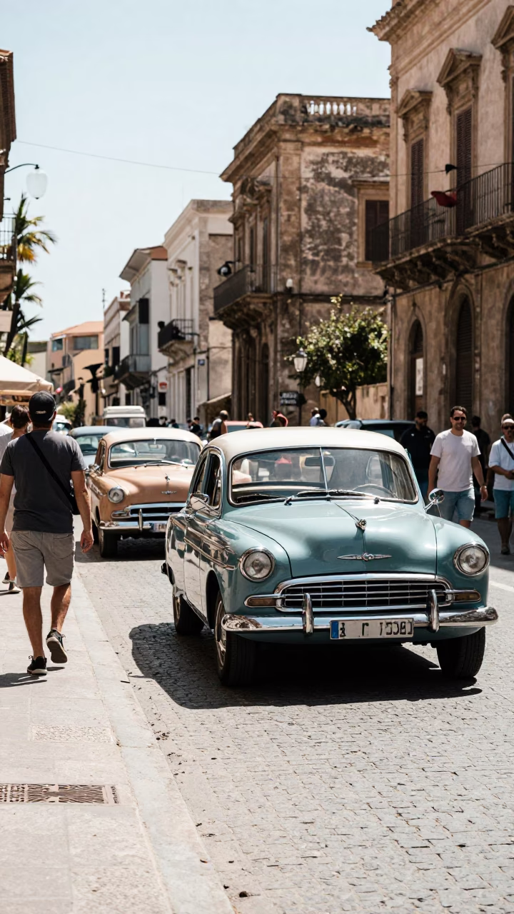 Midday Palermo Street Scene with Vintage Car Rally and Succulent Cafe Wall in in Palermo, Italy