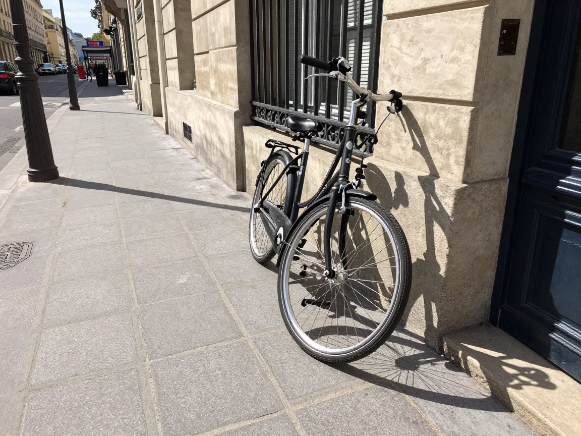 Midday Paris Street Scene with Bicycle Caster Wheel and Iron Deadbolt in in Paris, France