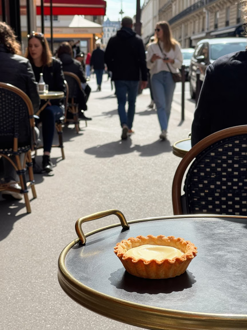 Midday Paris Street Scene with Brass Handle and Tart Tin on Cafe Terrace in in Paris, France