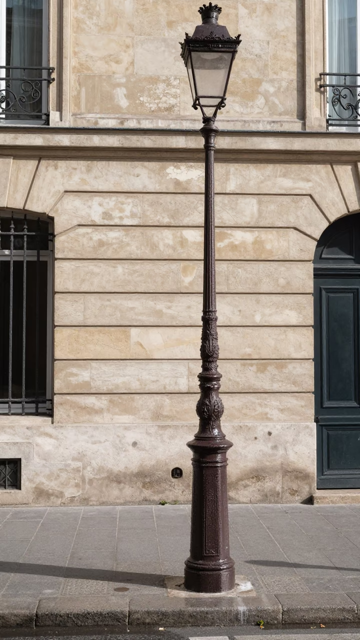 Midday Paris Street Scene with Condensation on Lamp Base and Striped Towel in in Paris, France