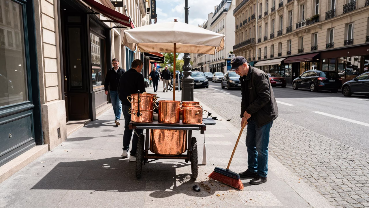 Midday Paris Street Scene with Copper Pots and Broom Cleaning Sidewalk in in Paris, France