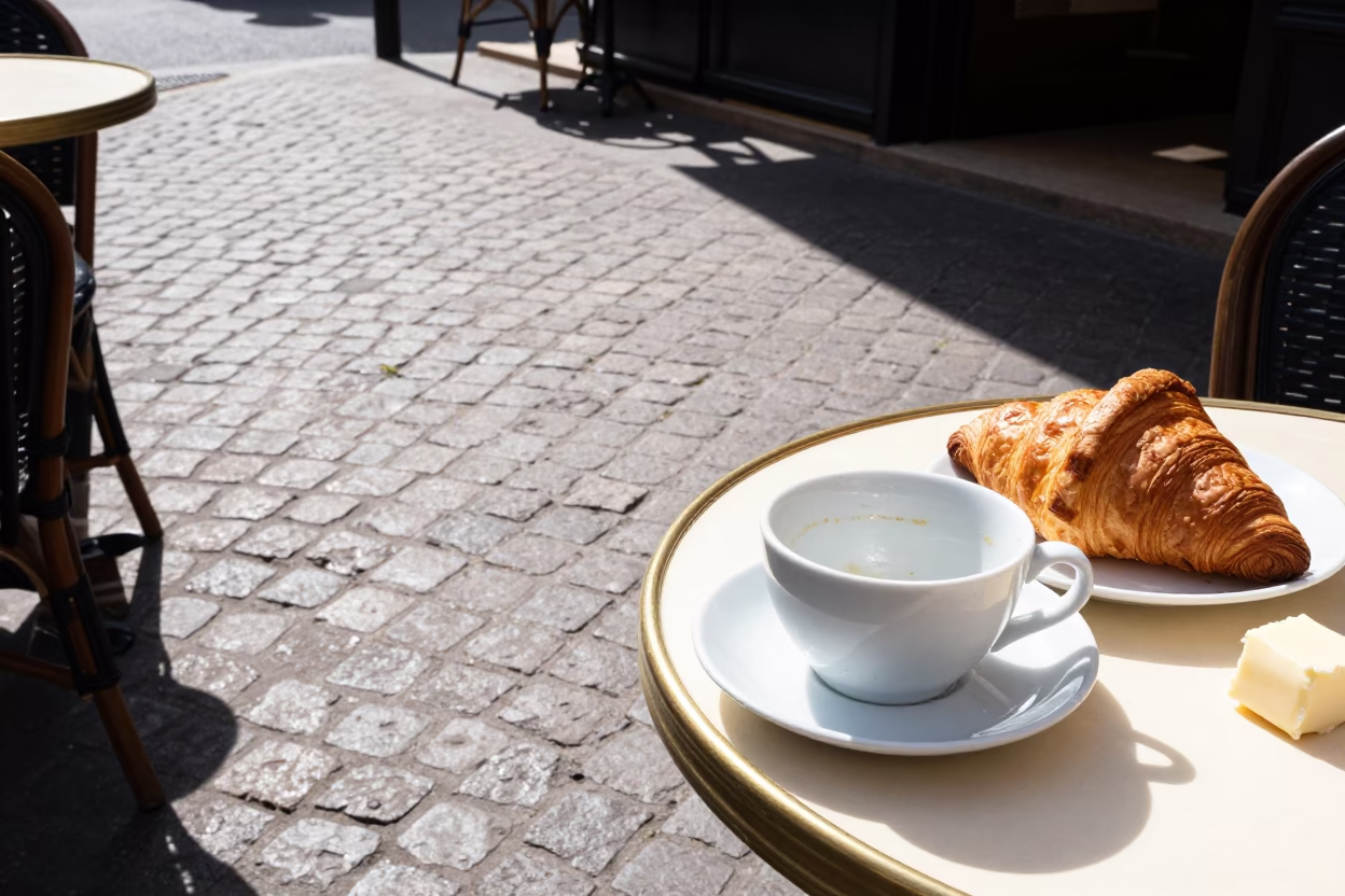 Midday Paris Street Scene with Fresh Croissants and Butter on a Cafe Table in in Paris, France