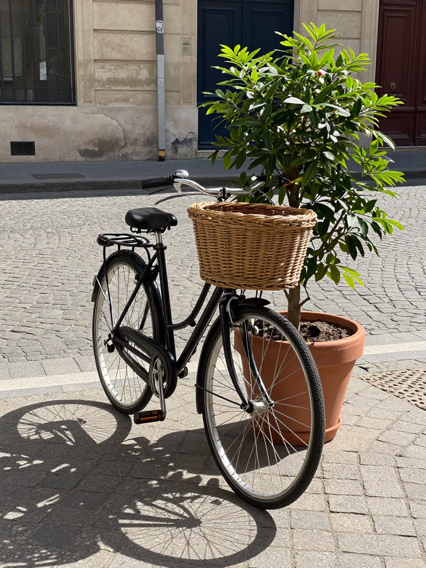 Midday Paris Street Scene with Vintage Bicycle and Plant Pot in in Paris, France