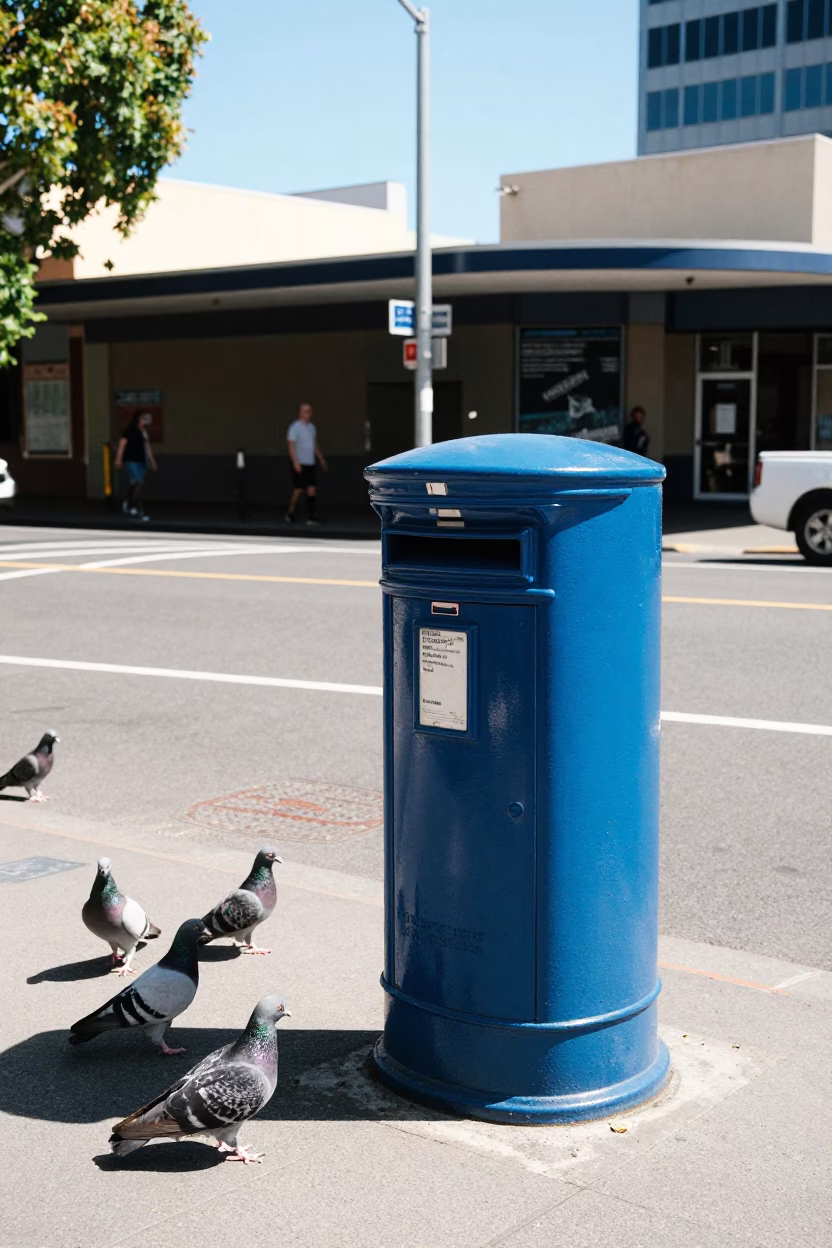 Midday Perth Street Scene with Mailbox and Pigeons in Western Australia in in Perth, Western Australia, Australia