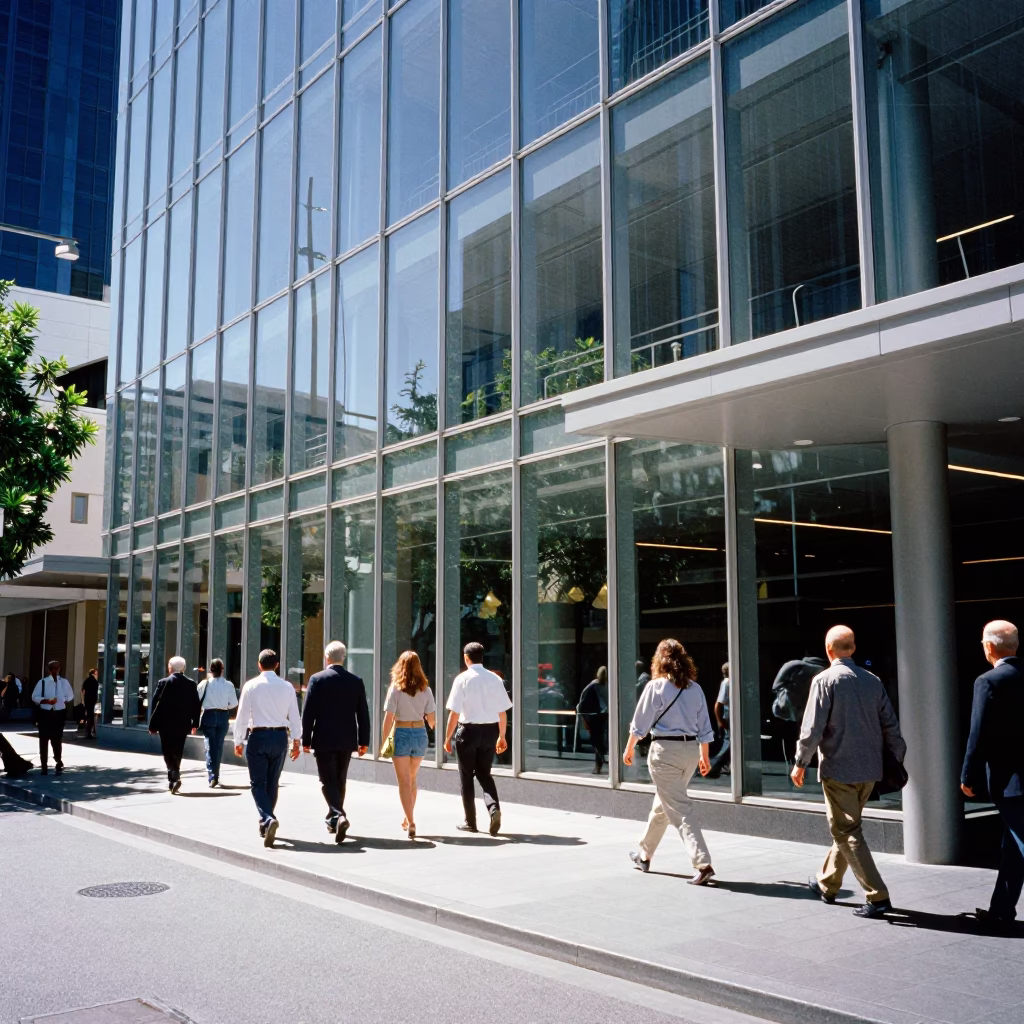 Midday Perth Western Australia Street Scene with Glass Facade and Clear Sky in in Perth, Western Australia, Australia