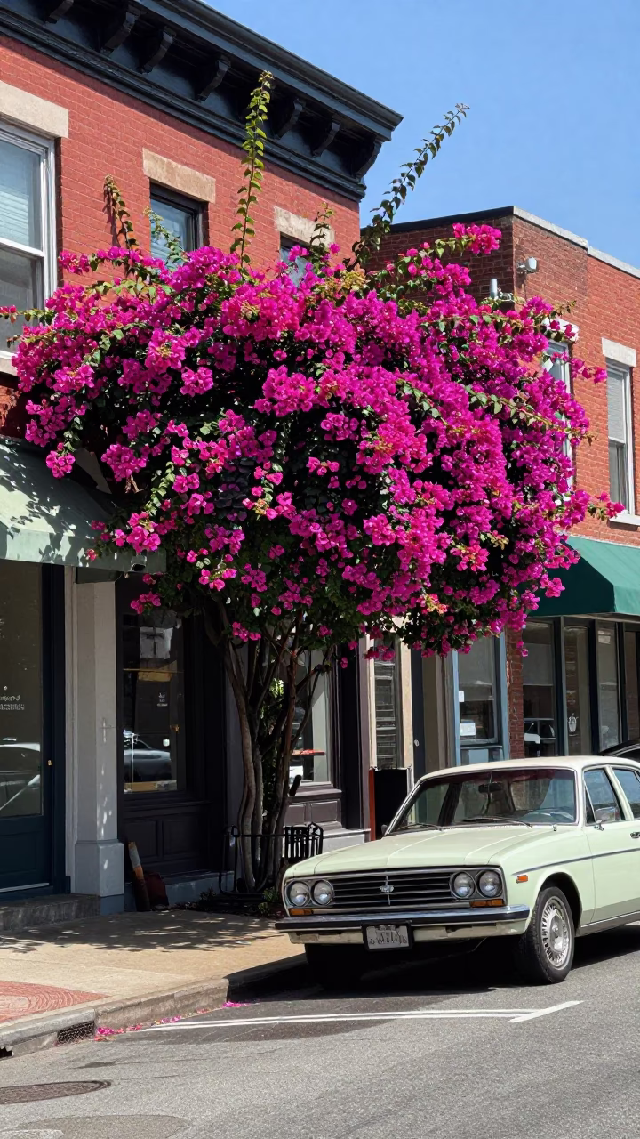 Midday Philadelphia Street Scene with Bougainvillea and Urban Architecture in in Philadelphia, Pennsylvania, United States