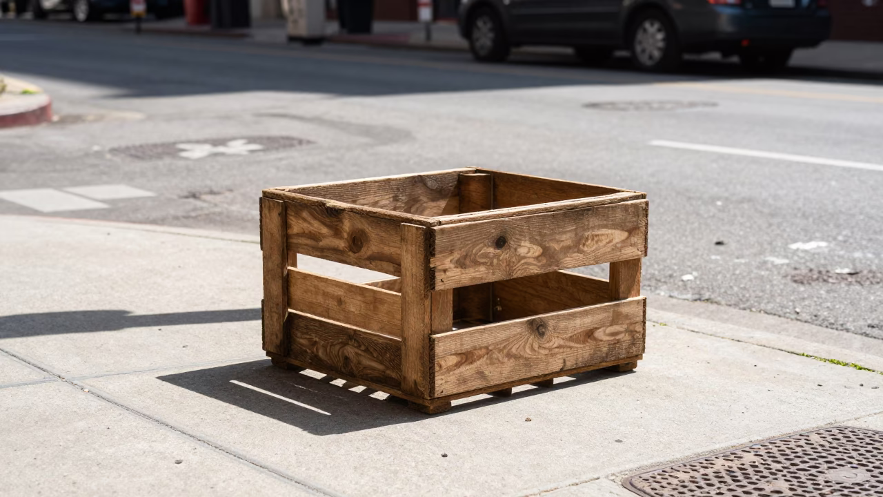 Midday Philadelphia Street Scene with Crate and Sunlight on Sidewalk in in Philadelphia, Pennsylvania, United States