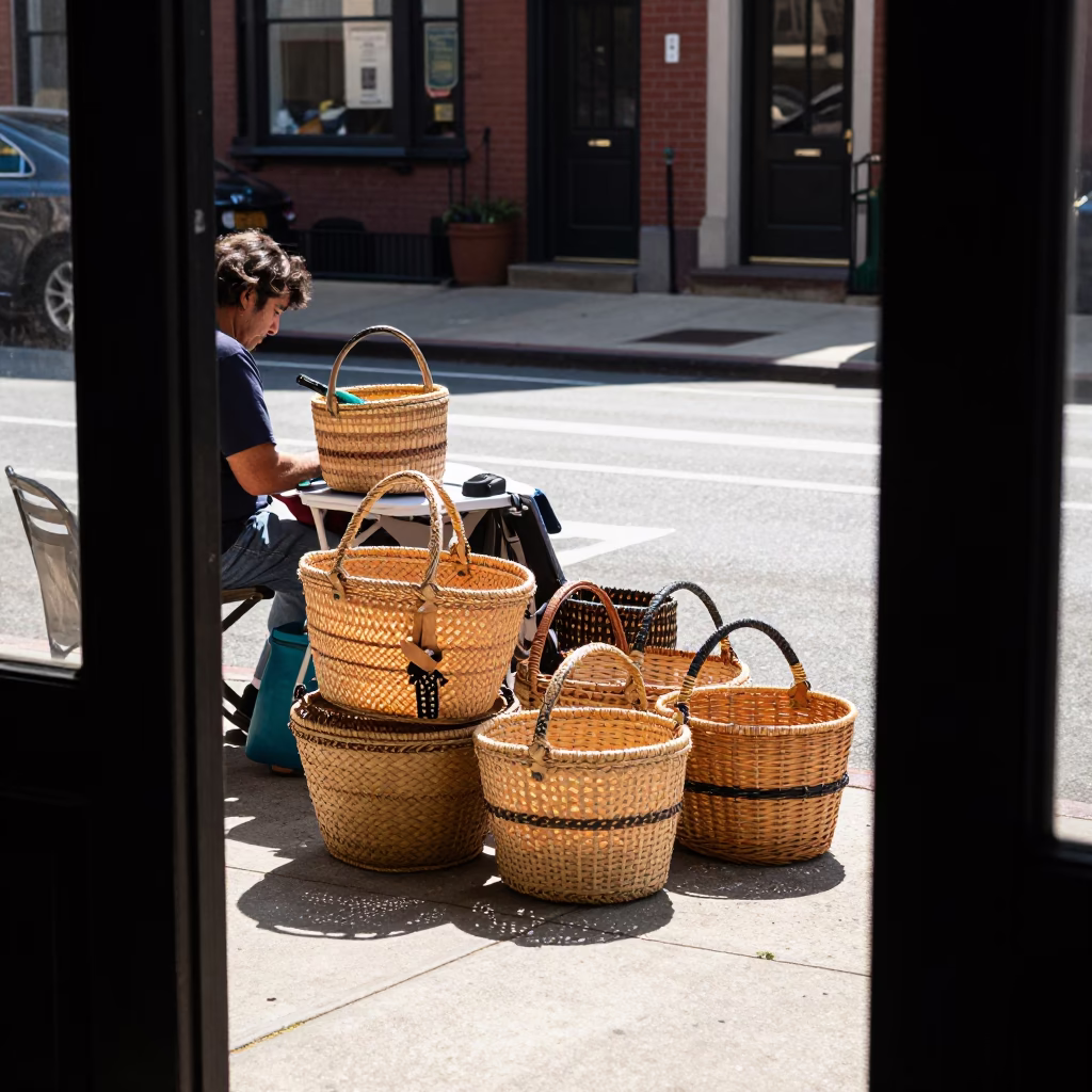 Midday Philadelphia Street Scene with Doorframe and Woven Baskets in in Philadelphia, Pennsylvania, United States