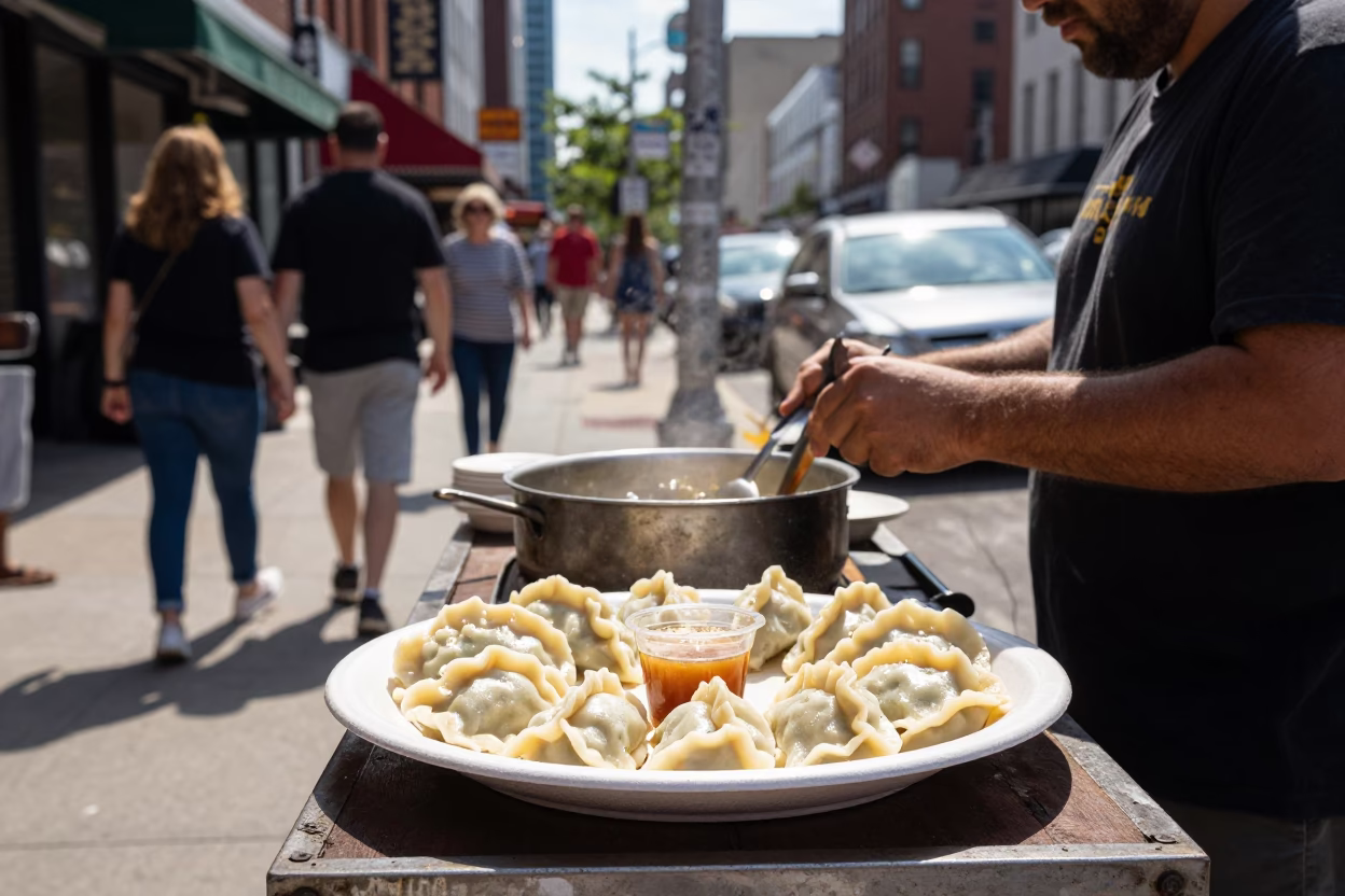 Midday Philadelphia Street Scene with Local Food and Urban Details in in Philadelphia, Pennsylvania, United States