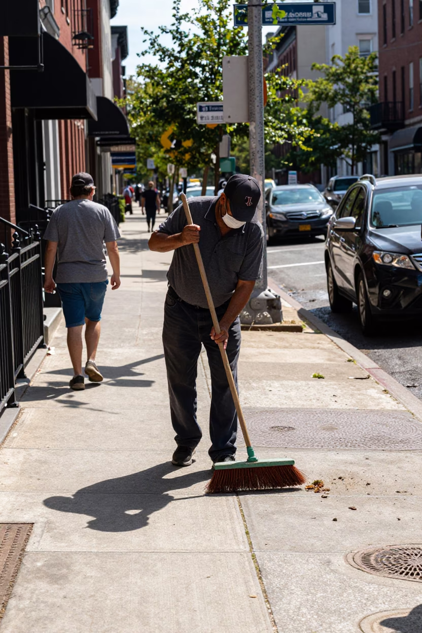 Midday Philadelphia Street Scene with Vintage Broom and Urban Details in in Philadelphia, Pennsylvania, United States