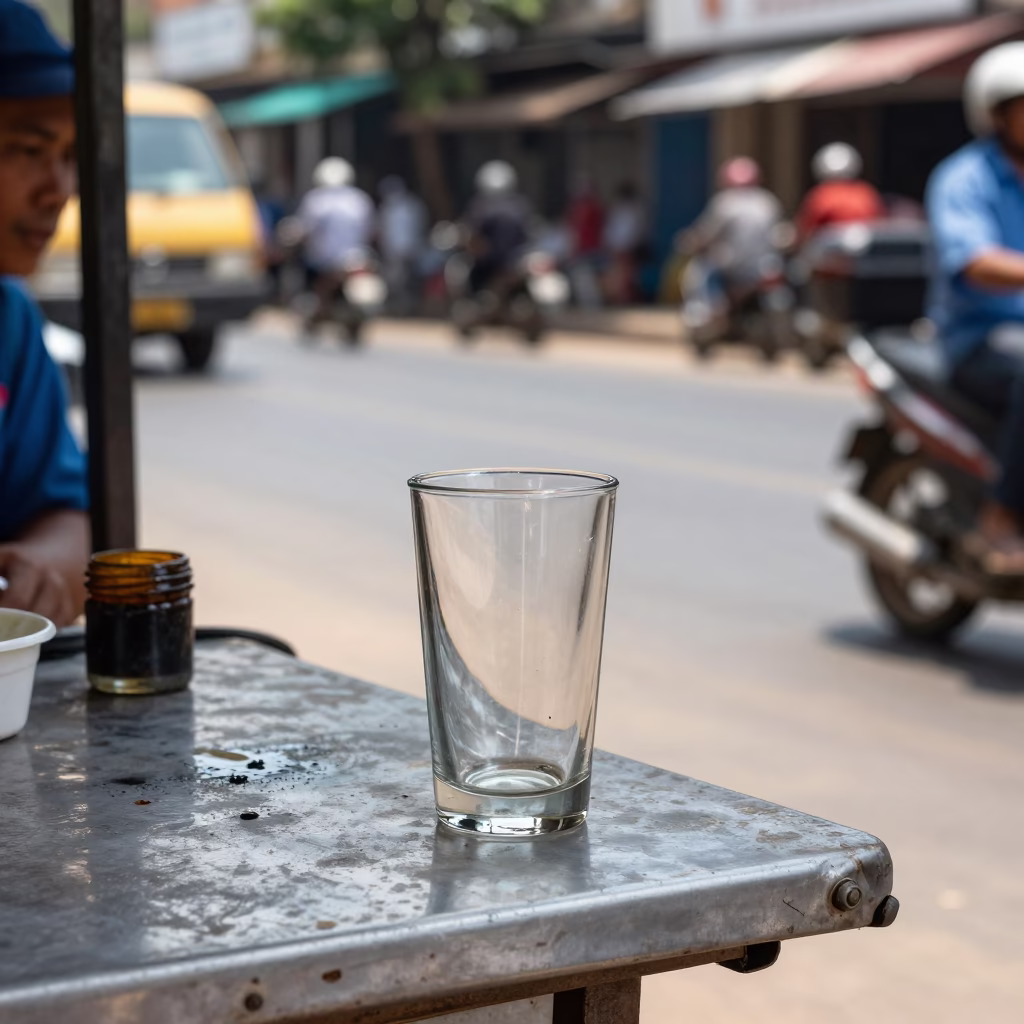 Midday Phnom Penh Street Scene with Glass Tumbler and Grease Sheen Detail in in Phnom Penh, Cambodia