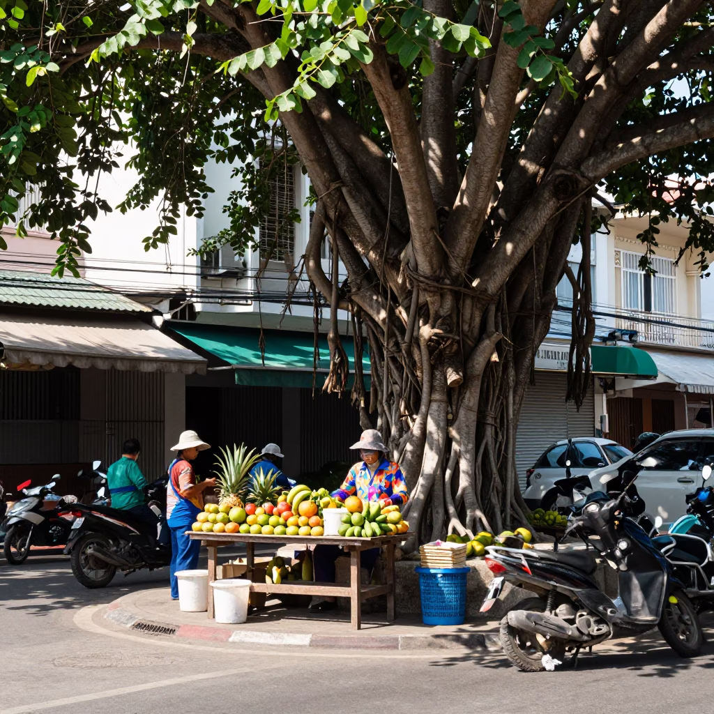 Midday Phuket Street Scene with Banyan Tree Roots and Local Market Life in in Phuket, Thailand