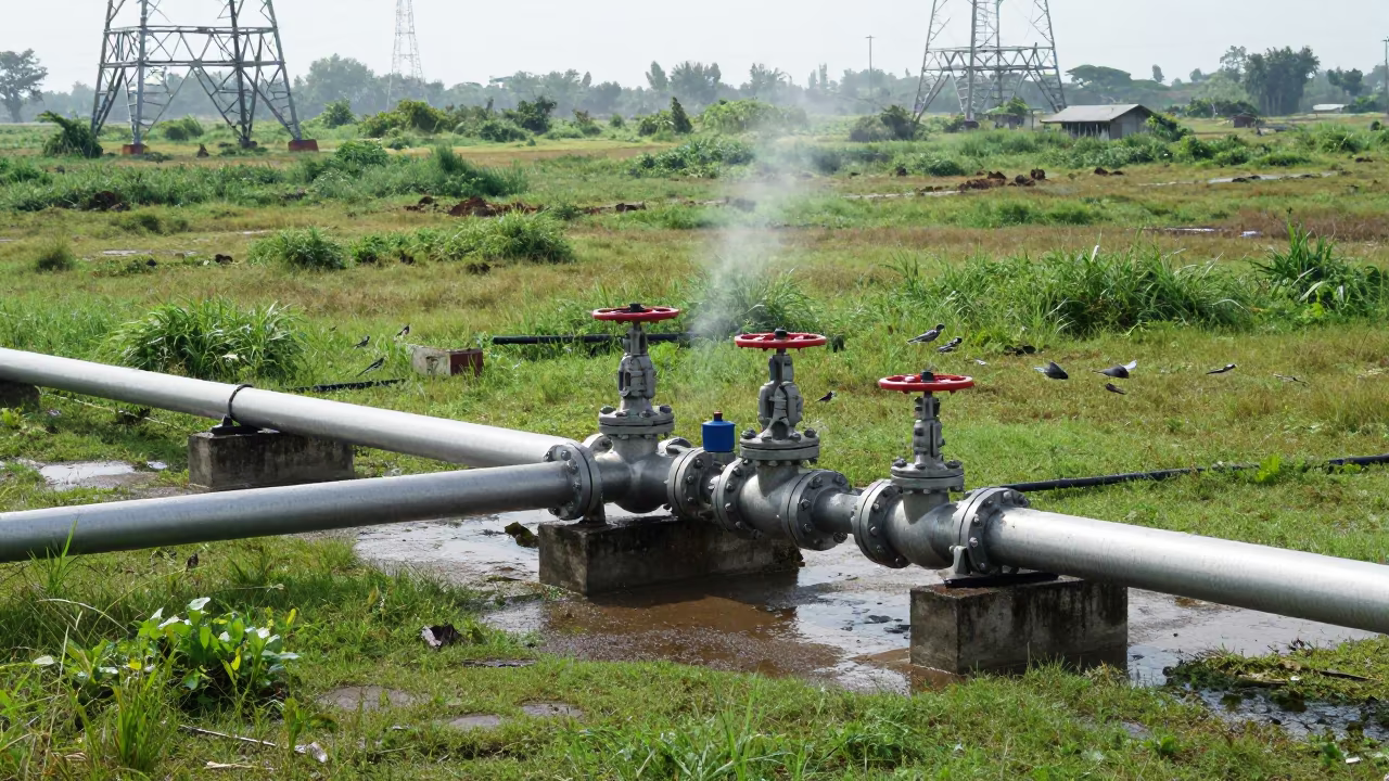 Midday Pipeline Valve Station Rainy Season in beneath transmission towers in Bandar Lampung