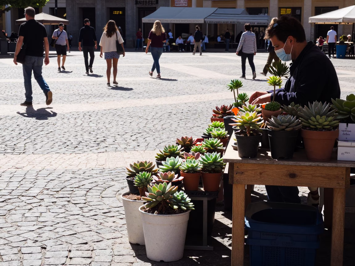 Midday Plaza Scene in Madrid Spain with Potted Succulents and Local Street Life in in Madrid, Spain