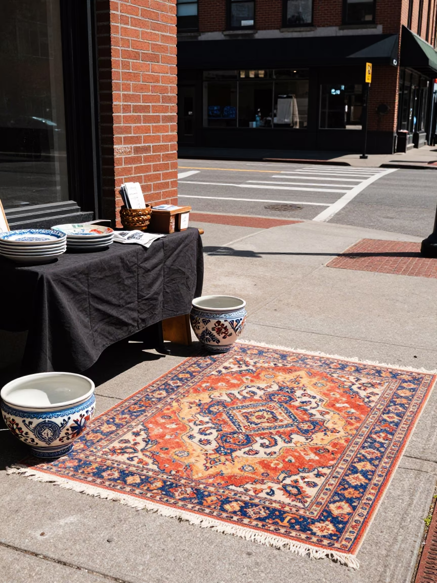Midday Portland Oregon Street Scene with Ceramic Bowl and Patterned Rug in in Portland, Oregon, United States