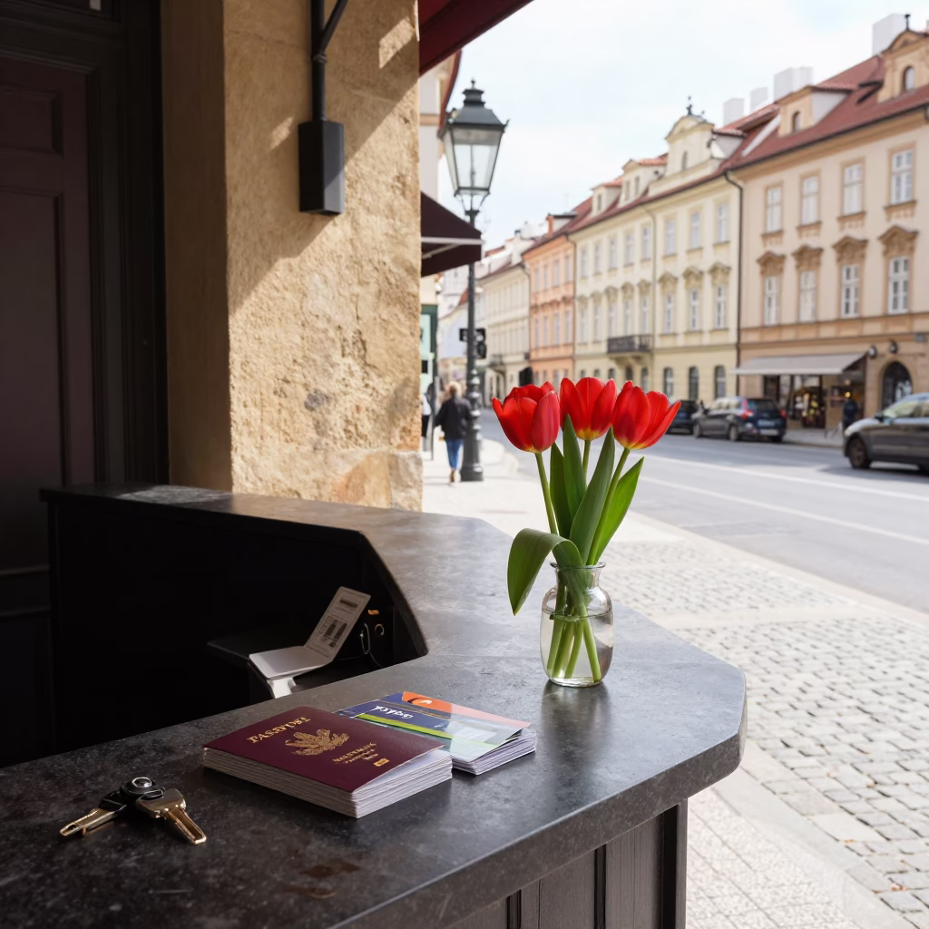 Midday Prague Street Scene with Hotel Reception Desk and Tulips in in Prague, Czech Republic