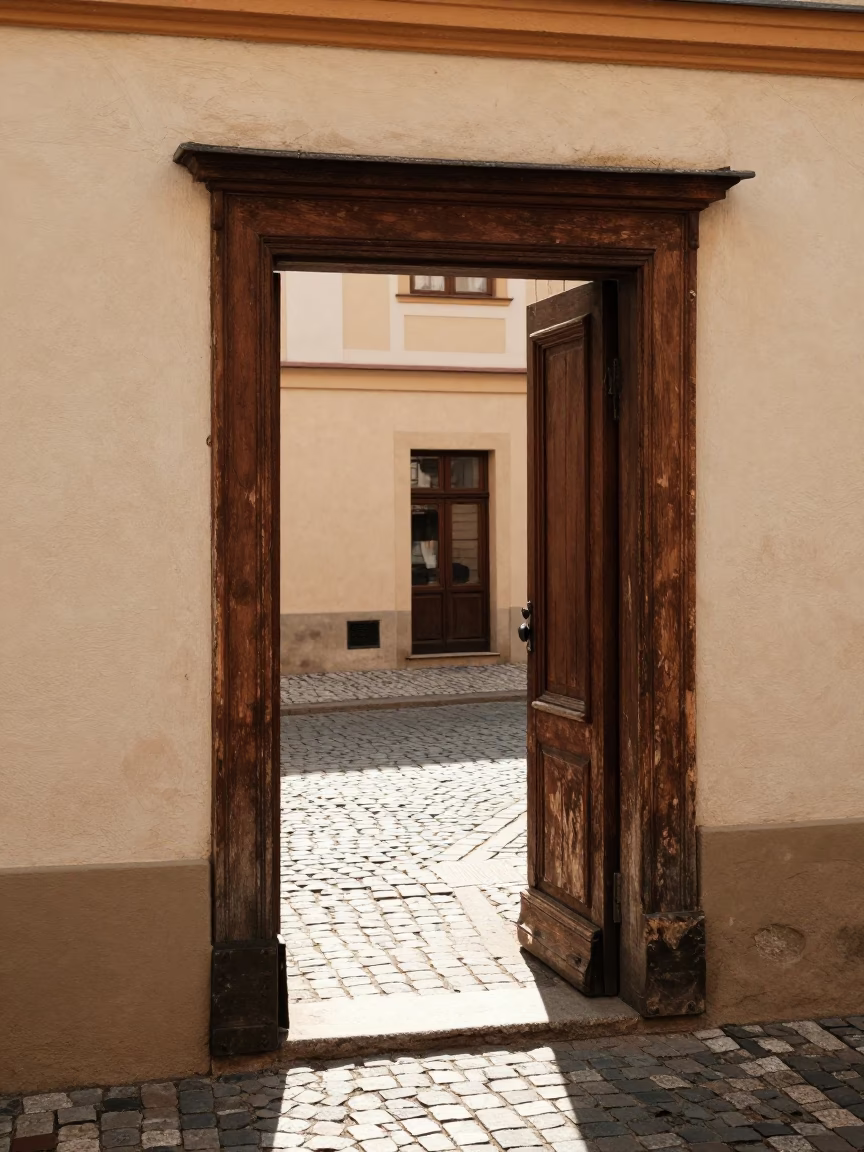 Midday Prague Street Scene with Vintage Doorframe and Linen Detail in in Prague, Czech Republic