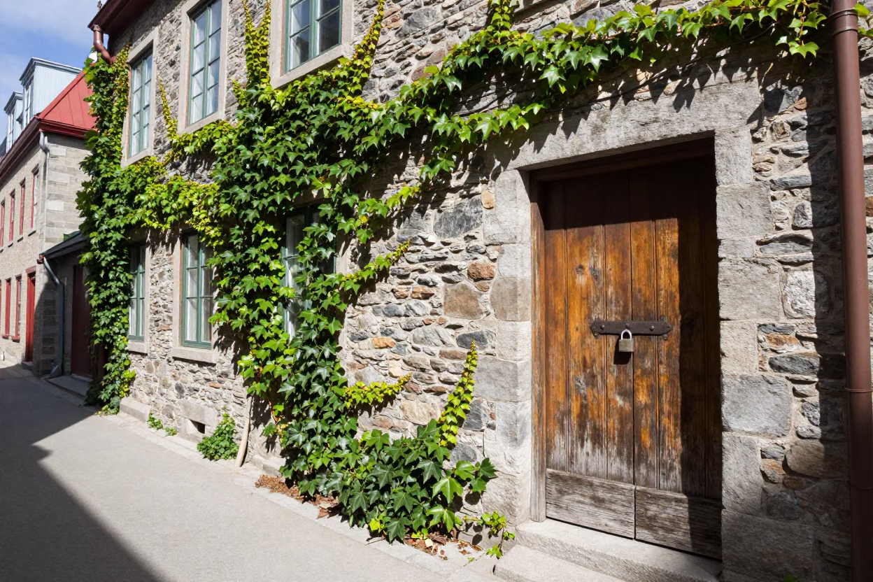 Midday Quebec City Stone Alleyway with Ivy and Local Details in in Quebec City, Quebec, Canada