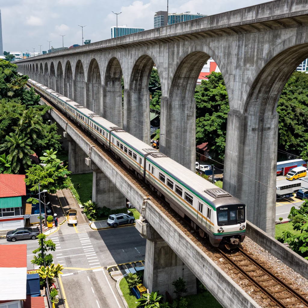 Midday Railway Viaduct Passing Train Kuala Lumpur Malaysia Street Scene in in Kuala Lumpur, Malaysia