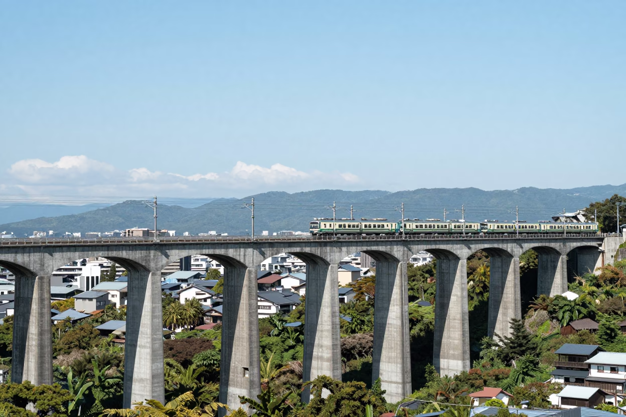 Midday Railway Viaduct with Passing Train in Kyoto Japan Landscape Horizon Shot in in Kyoto, Japan