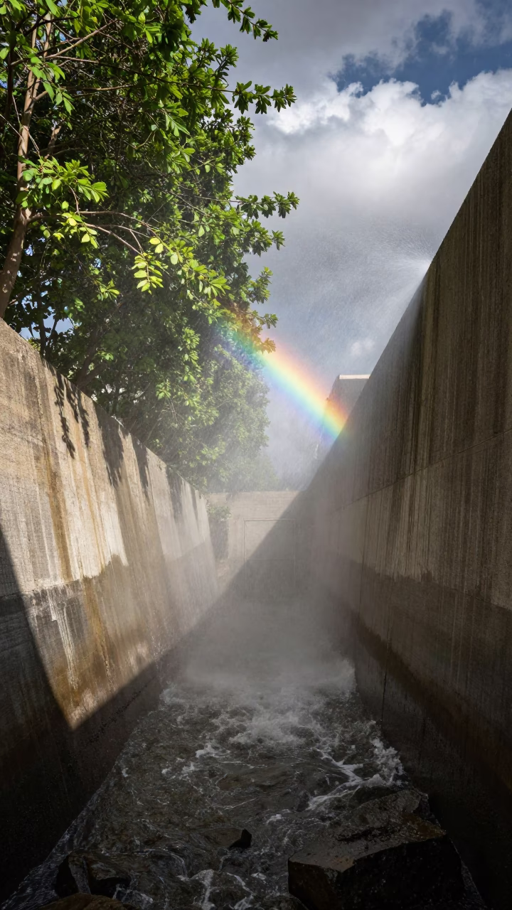 Midday Rainbow Spray Over Jeddah Spillway Canyon in above a spillway chute with spray rising in Jeddah