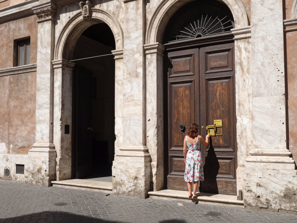 Midday Roman Street Scene with Brass Latch and Gate Handle Details in in Rome, Italy
