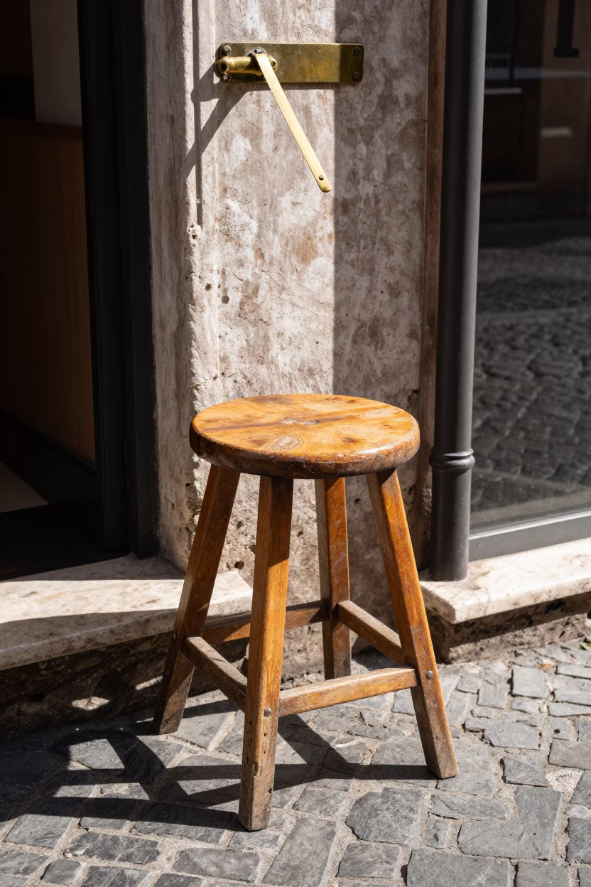 Midday Roman Street Scene with Kitchen Stool and Sunlit Latch in Italy in in Rome, Italy
