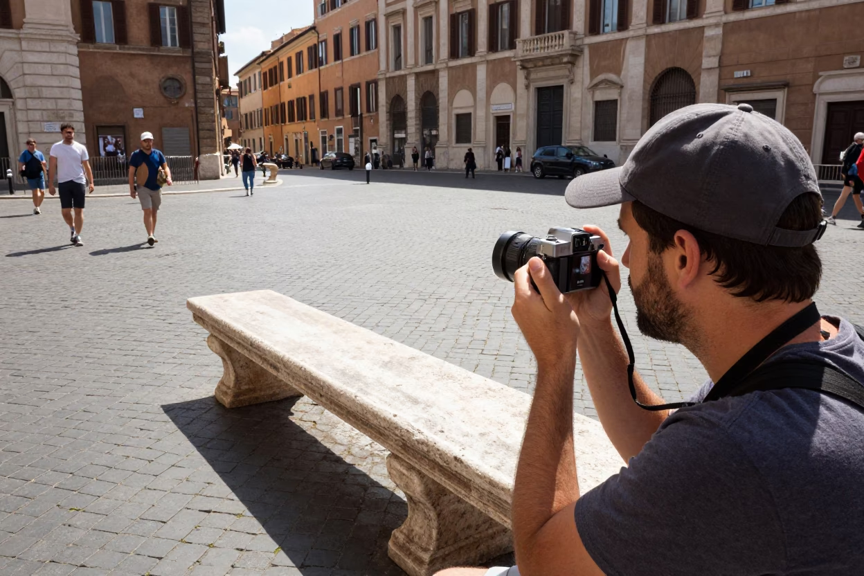 Midday Roman Street Scene with Vintage 1990s Camera and Local Interaction in Rome Italy in in Rome, Italy