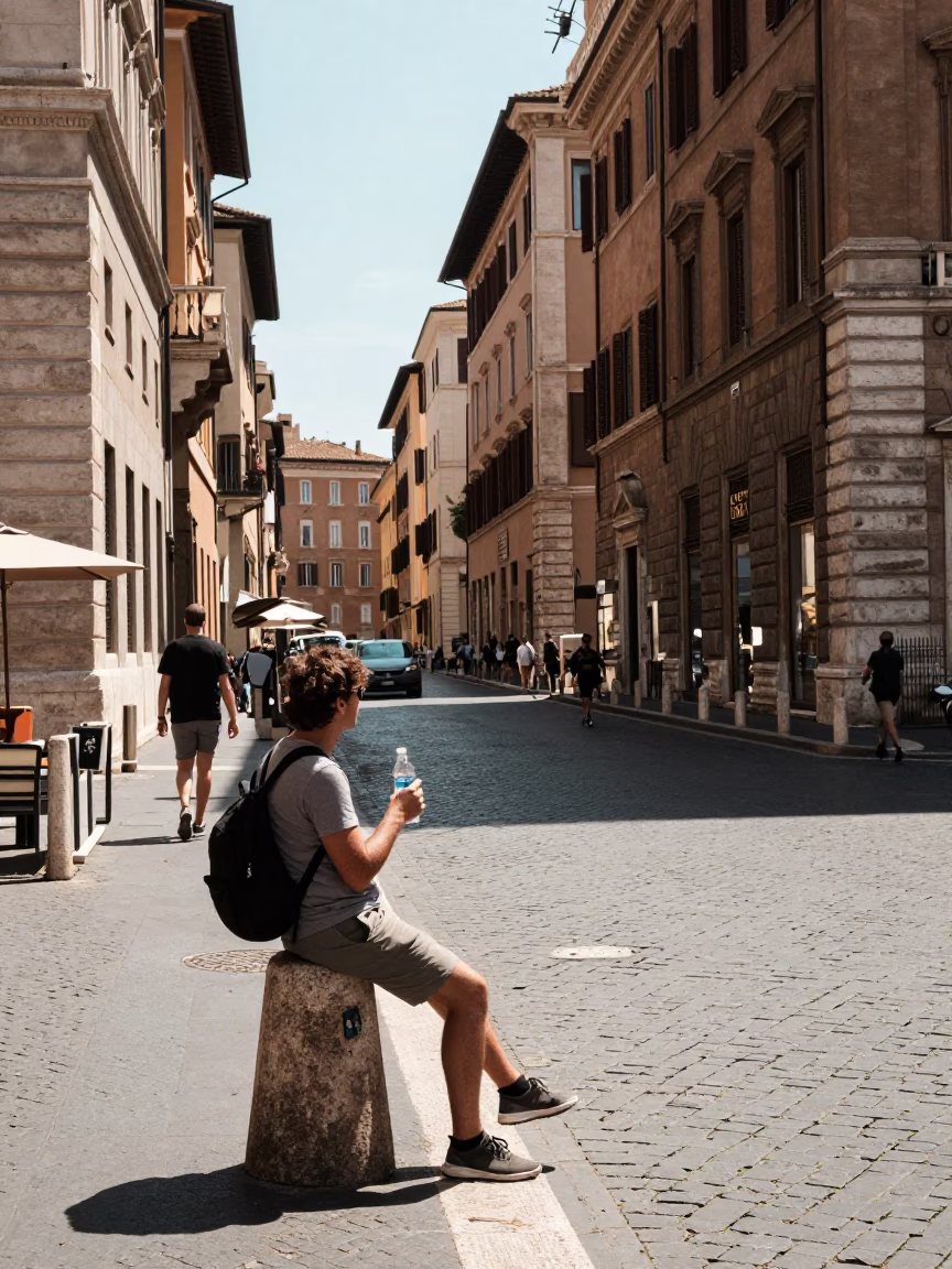 Midday Roman Street Scene with Water Bottle and Tomatoes Near Historic Architecture in in Rome, Italy