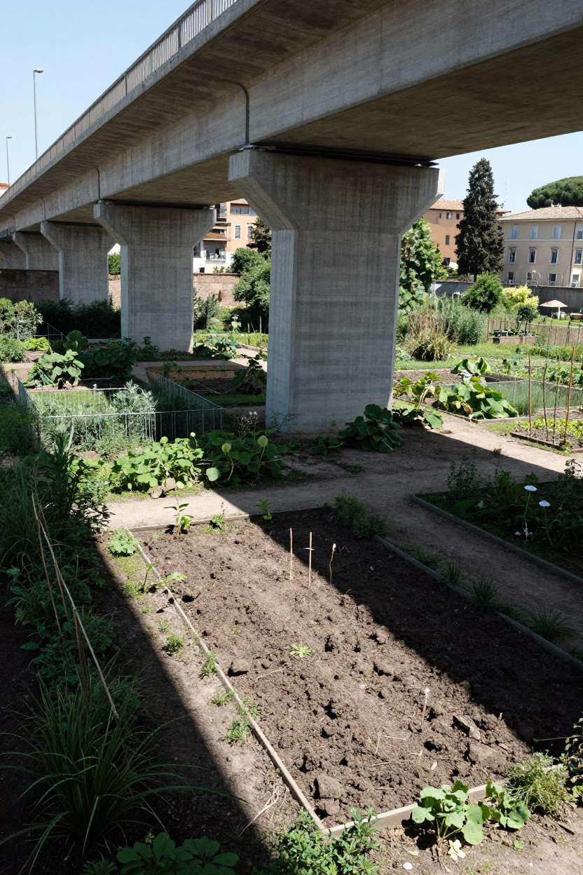 Midday Rome Italy Viaduct Shadow Cutting Across Allotment Gardens After Rain in in Rome, Italy