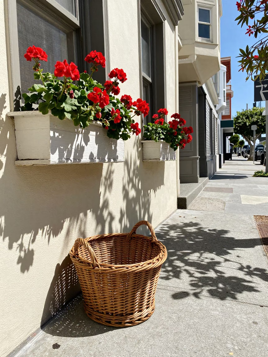 Midday San Francisco Street Scene with Vintage Wicker Hamper and Geraniums in in San Francisco, California, United States