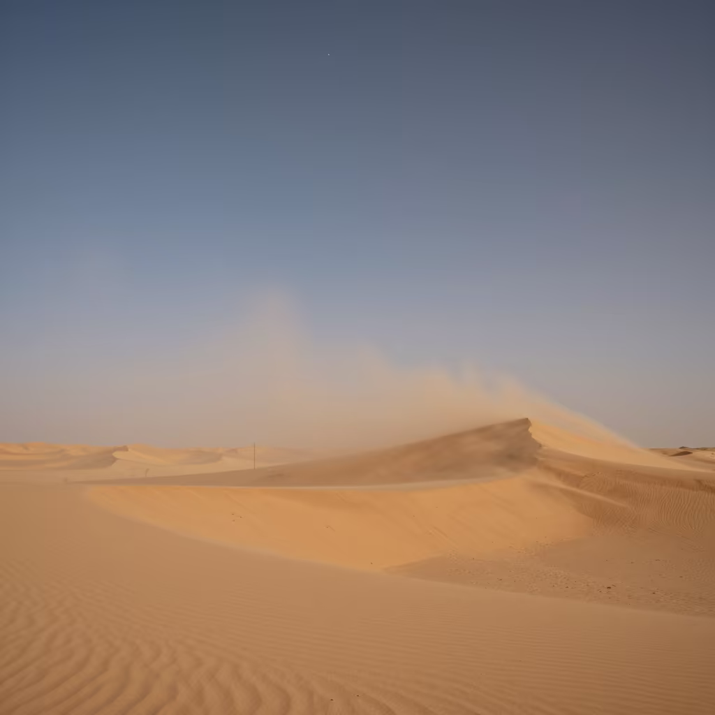Midday Sandstorm Veils Stars Over Dunes in beneath fast-moving cloud bands near Nouakchott