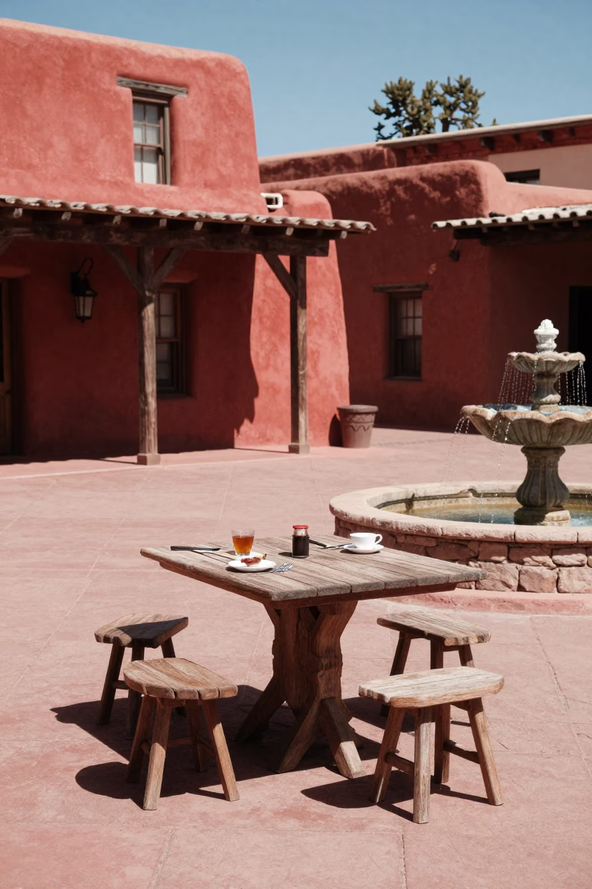 Midday Santa Fe Adobe Plaza Scene with Cutlery and Tea Stains in in Santa Fe, New Mexico, United States