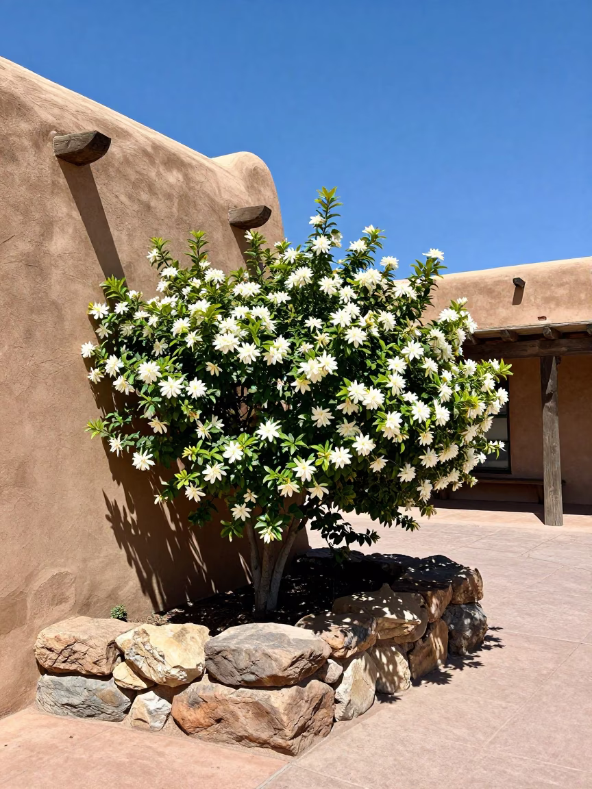 Midday Santa Fe Adobe Plaza with Gardenia Bush and Knitting Basket Candid Moment in in Santa Fe, New Mexico, United States
