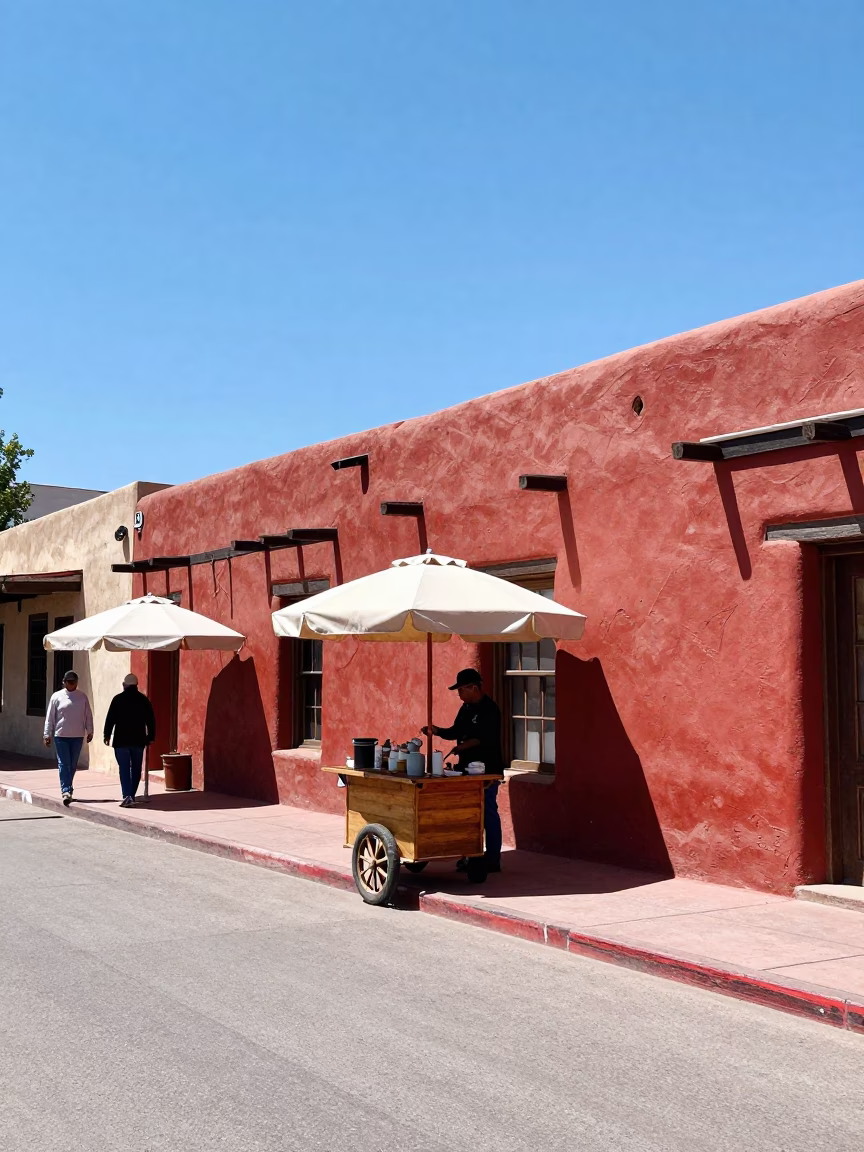 Midday Santa Fe Street Scene with Adobe Architecture and Umbrellas in in Santa Fe, New Mexico, United States