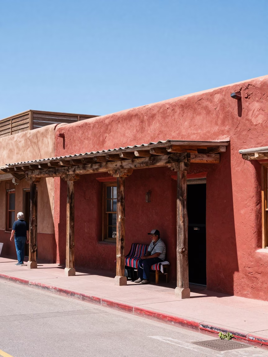 Midday Santa Fe Street Scene with Adobe Architecture and Wooden Stool in in Santa Fe, New Mexico, United States