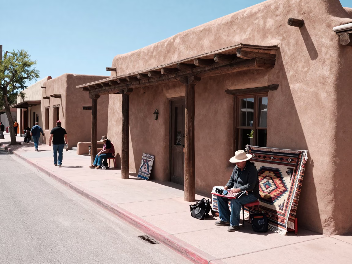 Midday Santa Fe Street Scene with Local Artisans and Adobe Architecture in in Santa Fe, New Mexico, United States