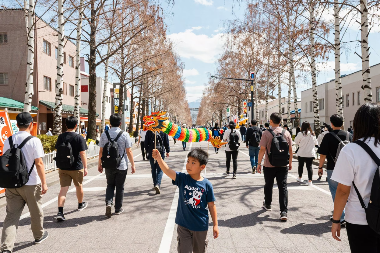 Midday Sapporo Street Scene with Birch Grove and Festival Dragon Dance in 1960s Japan in in Sapporo, Japan