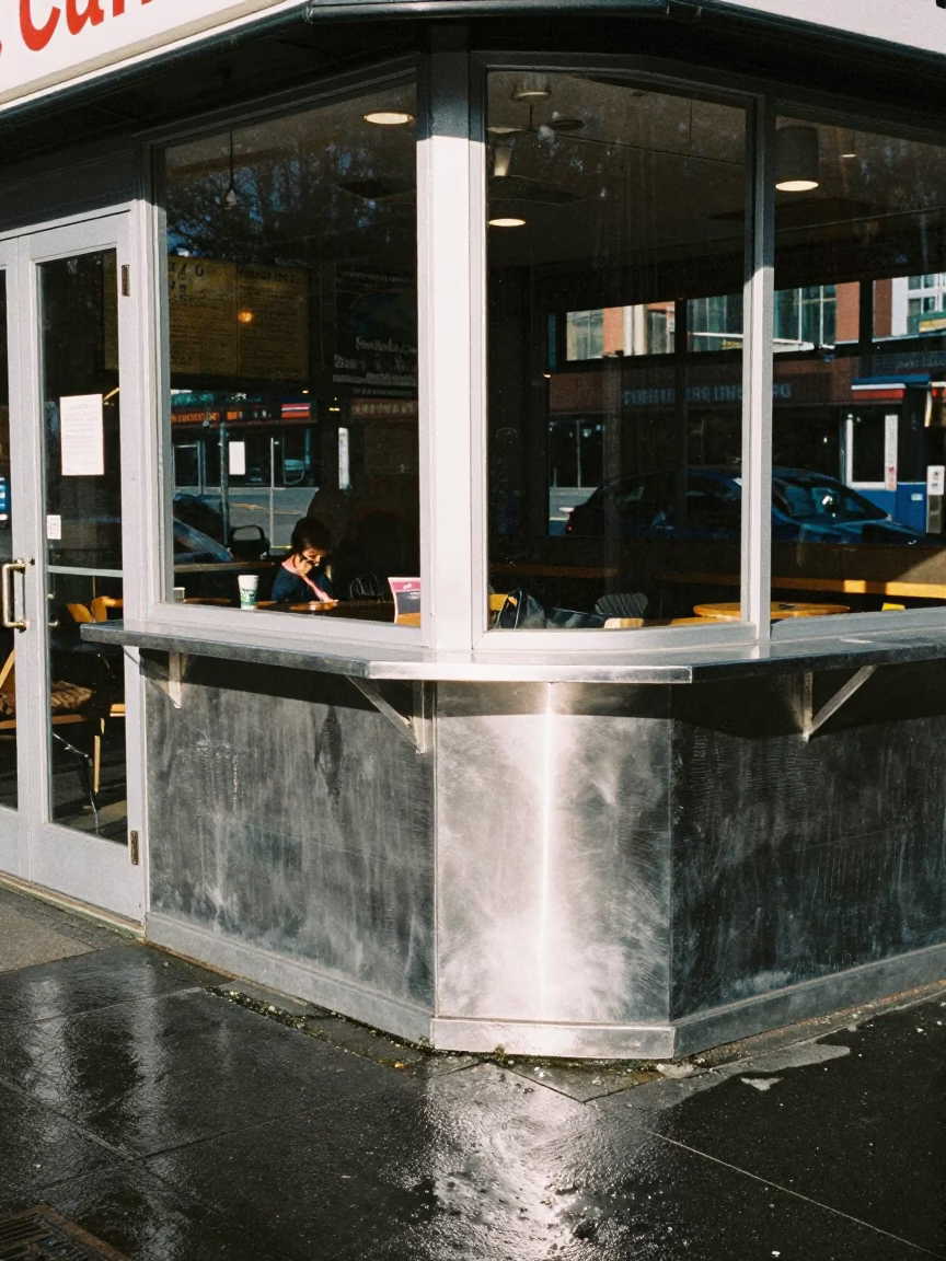 Midday Seattle Street Scene with Brushed Steel Countertop and Urban Life in in Seattle, Washington, United States