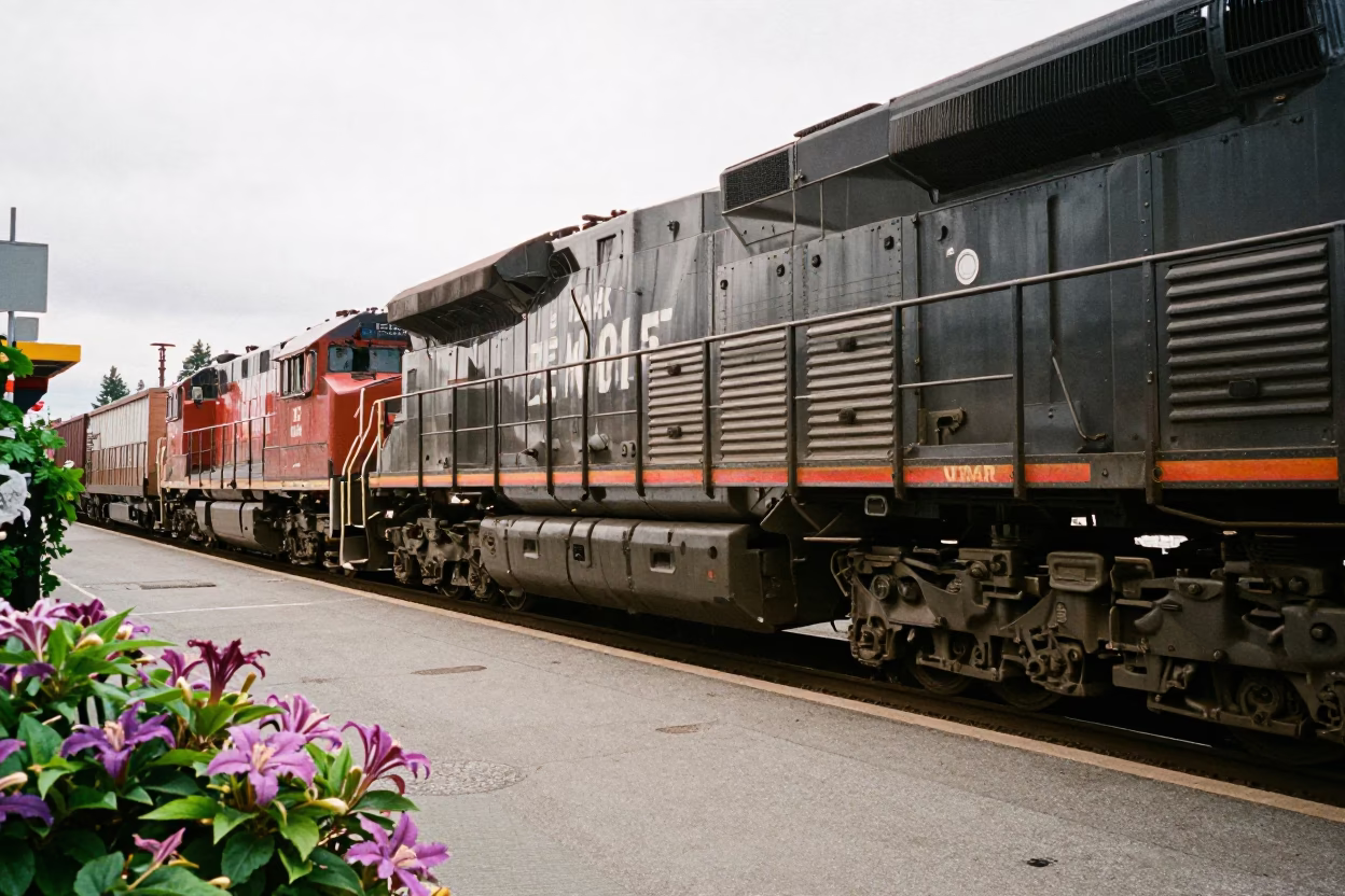 Midday Seattle Street Scene with Freight Train and Clematis Vine in in Seattle, Washington, United States