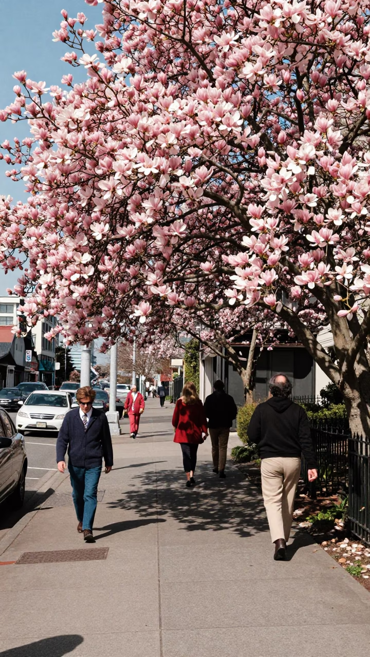 Midday Seattle Street Scene with Magnolia Tree Bloom and Urban Pedestrians in in Seattle, Washington, United States